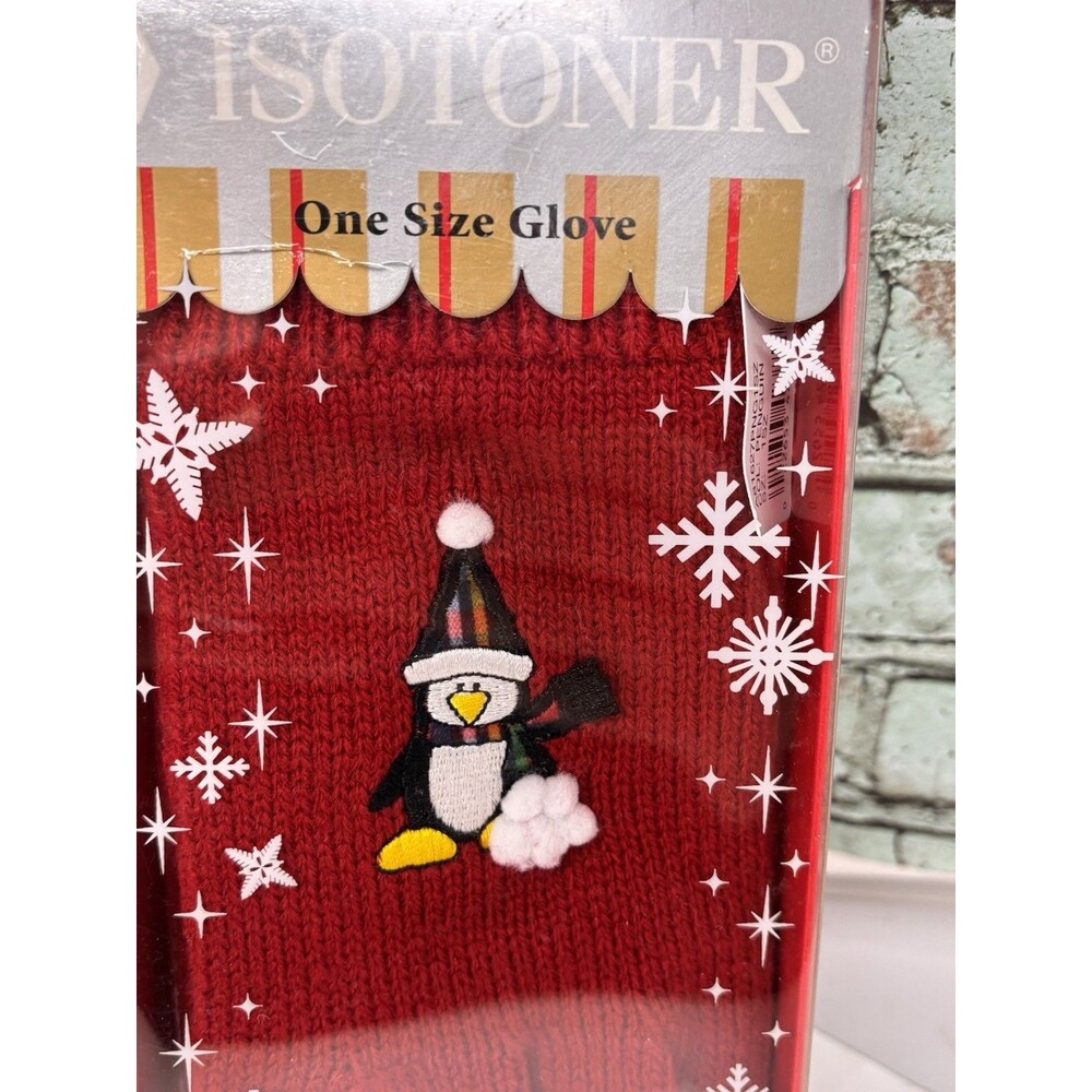 Isotoner Gloves Womens One Size Red PENGUIN Holiday Christmas Winter In Box